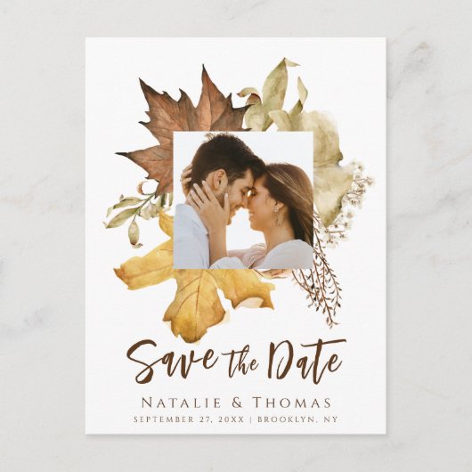 Carte Postale Faire-part Feuilles d'automne poussiéreuses marron tombent en (Devant)