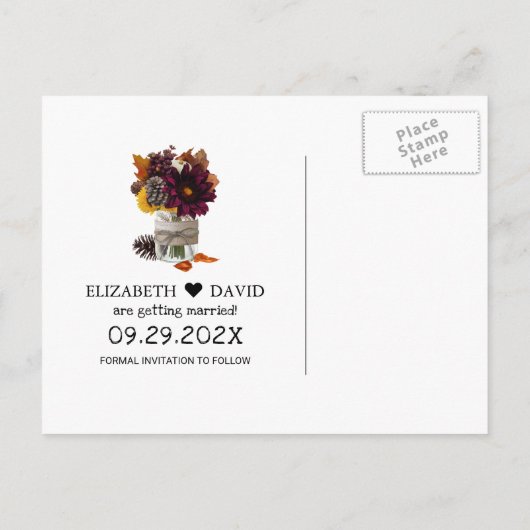 Carte Postale Faire-part Feuilles d'automne rustiques Mariage d'automne Enr (Dos)