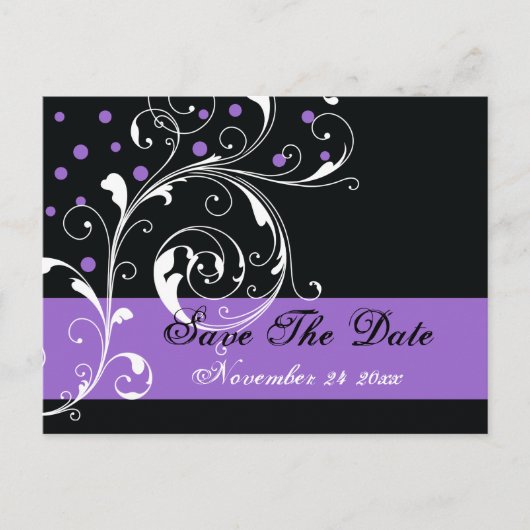 Carte Postale Faire-part Feuilles de défilement mariage noir violet Enregis (Devant)