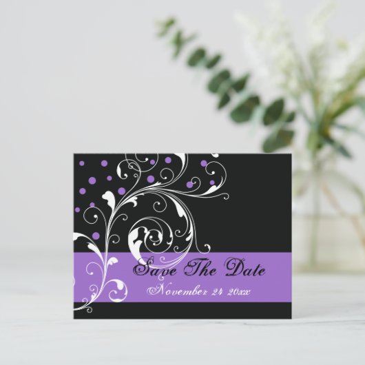 Carte Postale Faire-part Feuilles de défilement mariage noir violet Enregis (Debout devant)