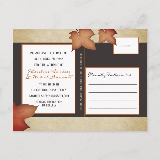 Carte Postale Faire-part Feuilles de érable d'automne Mariage boisé Enregis (Dos)