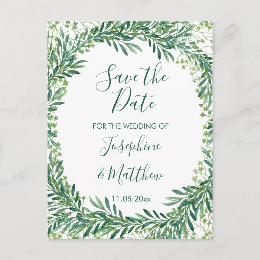 Carte Postale Faire-part Feuilles de verdure aquarelle Save the Date (Devant)