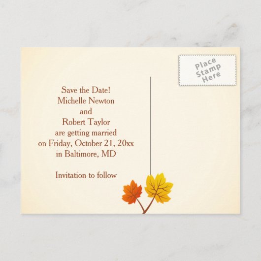 Carte Postale Faire-part Feuilles d'érable d'automne, cœurs Enregistrez la (Dos)