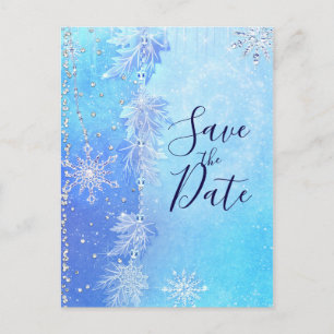 Carte Postale Faire-part Feuilles d'hiver bleues et flocons de neige, Sauve