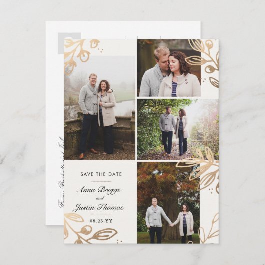 Carte Postale Faire-part Feuilles d'or 4 Photo Enregistrer la Date (Devant / Derrière)