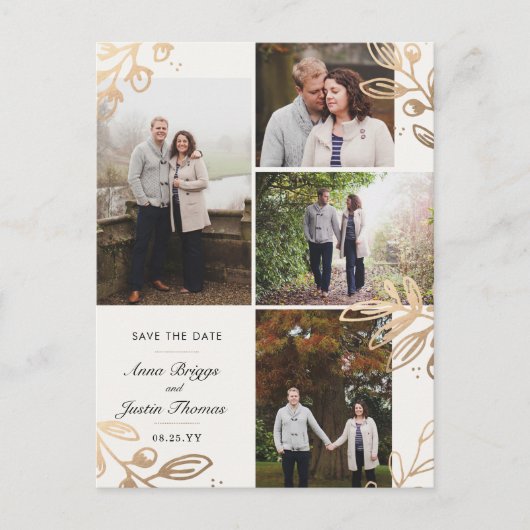 Carte Postale Faire-part Feuilles d'or 4 Photo Enregistrer la Date (Devant)