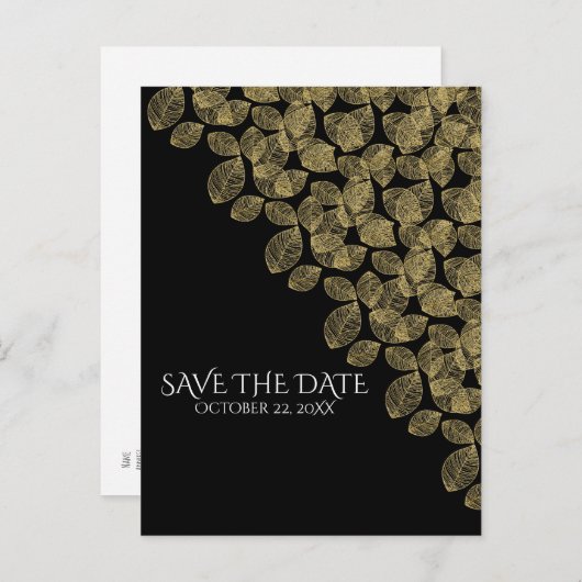 Carte Postale Faire-part Feuilles d'or Élégance d'automne noir Enregistrer  (Devant / Derrière)