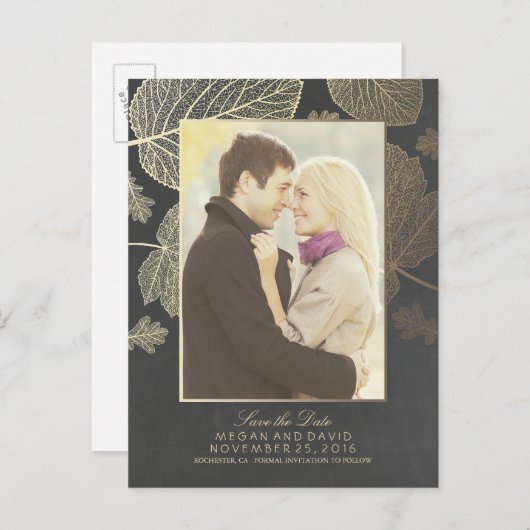 Carte Postale Faire-part Feuilles d'or photo d'automne Enregistrer la date (Devant / Derrière)
