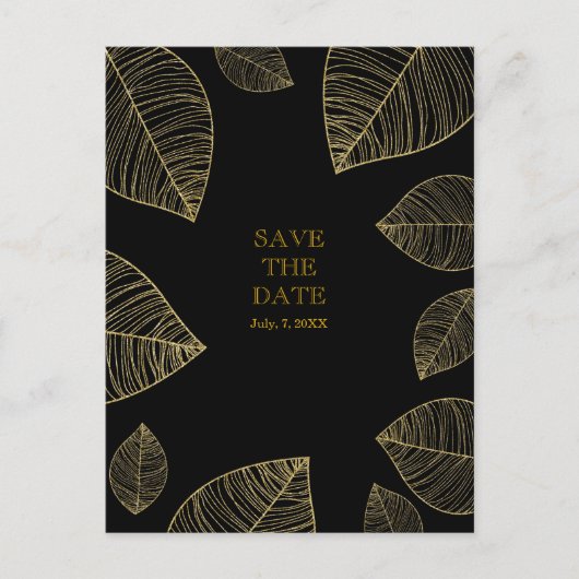 Carte Postale Faire-part Feuilles d'or sur Black Elegant ENREGISTRER LA DAT (Devant)