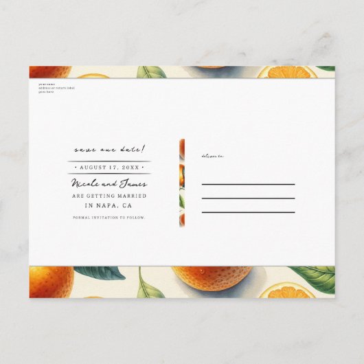 Carte Postale Faire-part Feuilles d'orange d'agrumes à l'aquarelle Enregist (Dos)