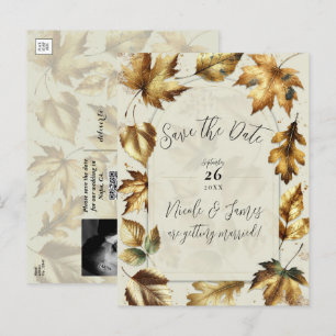 Carte Postale Faire-part Feuilles dorées Abricot Crème Automne Enregistrer