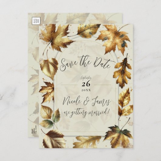 Carte Postale Faire-part Feuilles dorées Abricot Crème Automne Enregistrer  (Devant / Derrière)