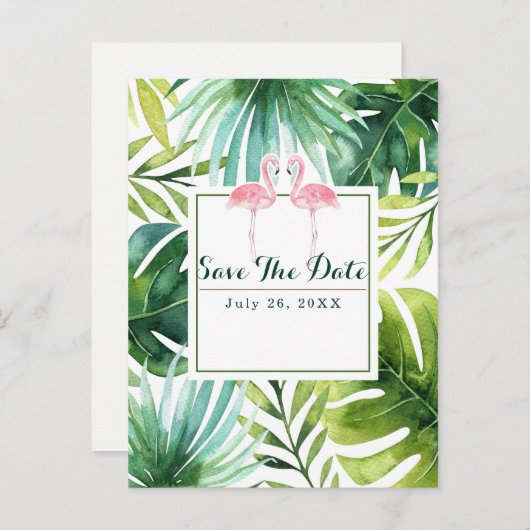 Carte Postale Faire-part Feuilles et Flamants roses tropicaux Mariage Enreg (Devant / Derrière)