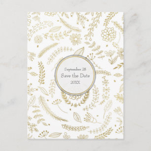 Carte Postale Faire-part Feuilles Florales Dorées Mariage Rustique Enregist