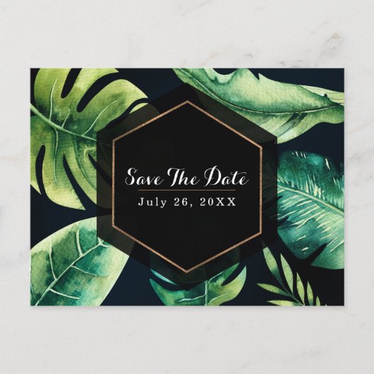 Carte Postale Faire-part Feuilles Tropicales Vertes Élégantes Noires Save T (Devant)