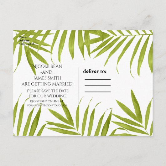 Carte Postale Faire-part Feuilles tropicaux Mariage d'été Enregistrer la da (Dos)