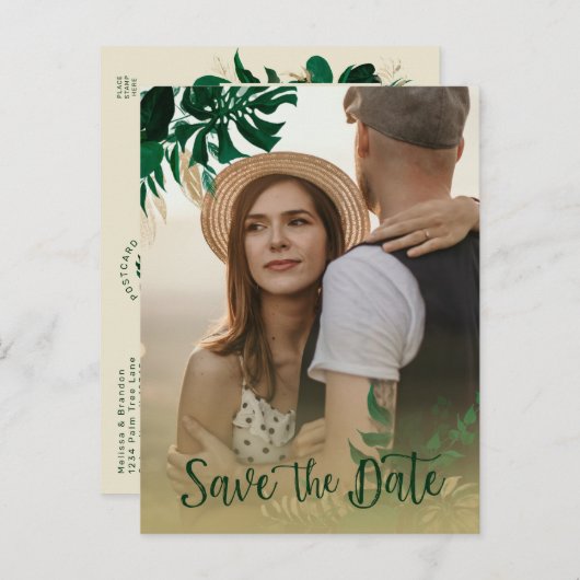 Carte Postale Faire-part Feuilles tropicaux modernes photo mariage Enregist (Devant / Derrière)