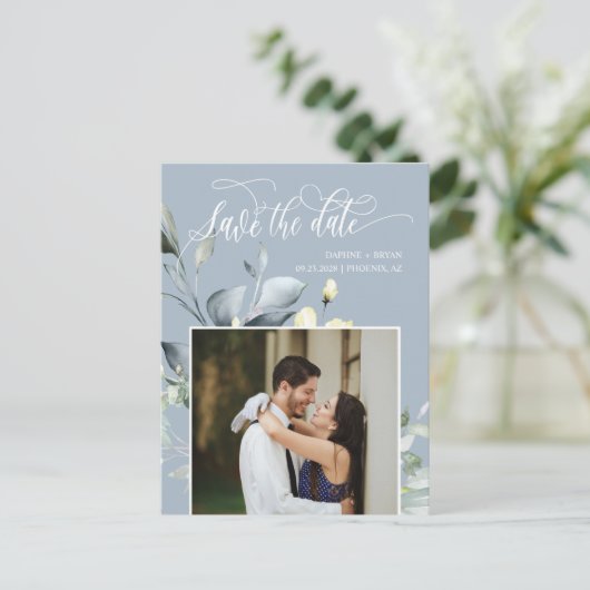 Carte Postale Faire-part Feuilles vert bleu poussiéreux Code QR Enregistrer (Debout devant)