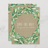 Carte Postale Faire-part Feuilles vertes aquarelle Kraft rustique Save the (Devant / Derrière)