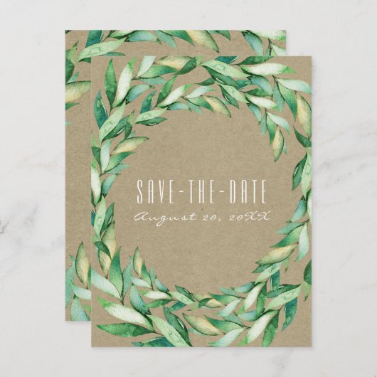 Carte Postale Faire-part Feuilles vertes aquarelle Kraft rustique Save the (Devant / Derrière)
