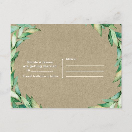 Carte Postale Faire-part Feuilles vertes aquarelle Kraft rustique Save the (Dos)