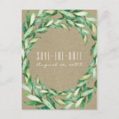 Carte Postale Faire-part Feuilles vertes aquarelle Kraft rustique Save the (Devant)