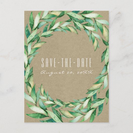 Carte Postale Faire-part Feuilles vertes aquarelle Kraft rustique Save the (Devant)