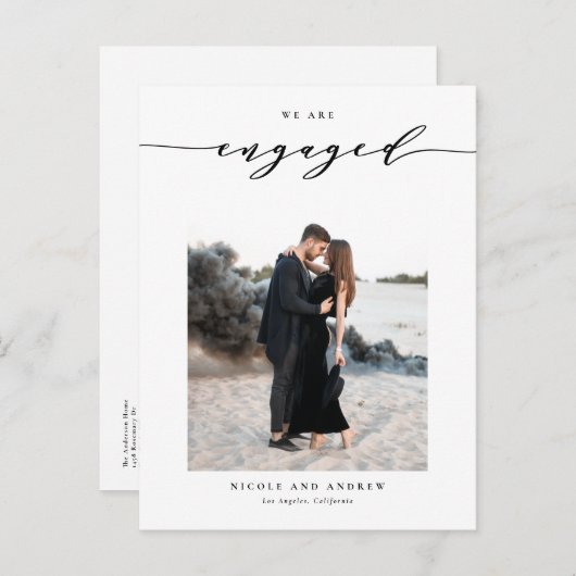 Carte Postale Faire-part Fiançailles photo Black Whimsical Script (Devant / Derrière)
