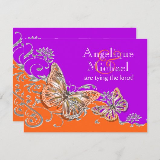 Carte Postale Faire-part Fiançailles pour anniversaire orange violet (Devant / Derrière)