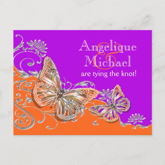 Carte Postale Faire-part Fiançailles pour un anniversaire orange violet (Devant)