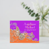 Carte Postale Faire-part Fiançailles pour un anniversaire orange violet (Debout devant)