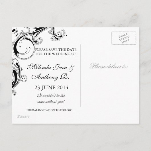 Carte Postale Faire-part Filigree Swirl noir avec blanc Enregistrer la date (Dos)