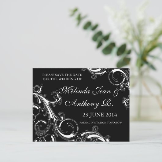 Carte Postale Faire-part Filigree Swirl noir avec blanc Enregistrer la date (Debout devant)