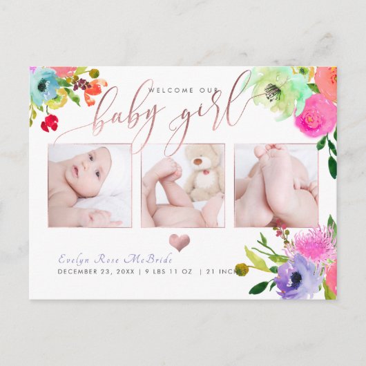 Carte Postale Faire-part Fille de PixDezines à l'aquarelle florale (Devant)