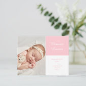 Carte Postale Faire-part Fille Élégante Écriture Photo Rose Naissance (Debout devant)