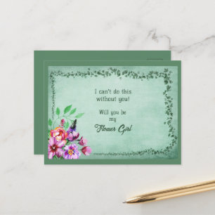 Carte Postale Faire-part Fille Fleur avec Feuilles Vertes et Bouquet Floral