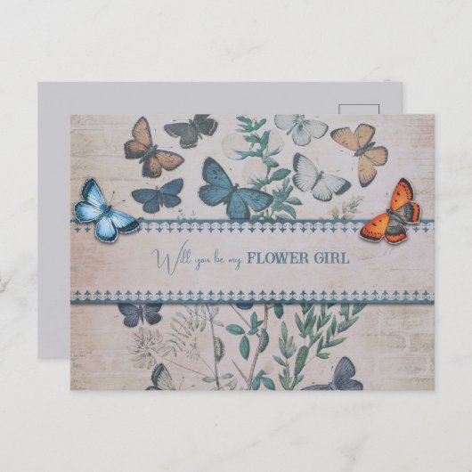 Carte Postale Faire-part Fille Fleur Papillons Bleus et Fleurs (Devant / Derrière)