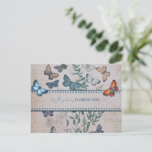 Carte Postale Faire-part Fille Fleur Papillons Bleus et Fleurs (Debout devant)