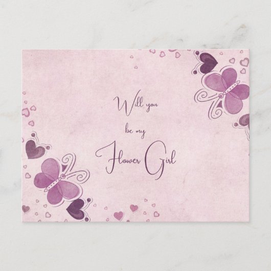 Carte Postale Faire-part Fille Fleur Papillons Violets et Cœurs (Devant)