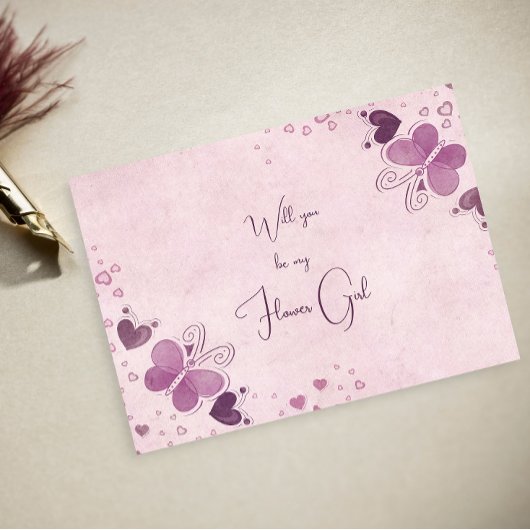 Carte Postale Faire-part Fille Fleur Papillons Violets et Cœurs