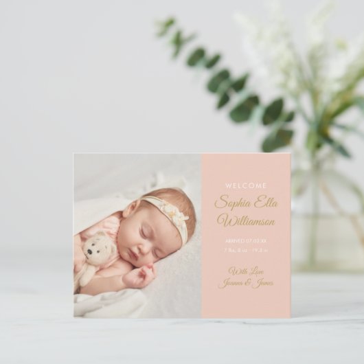 Carte Postale Faire-part Fille Gold Script Photo Élégante Naissance (Debout devant)