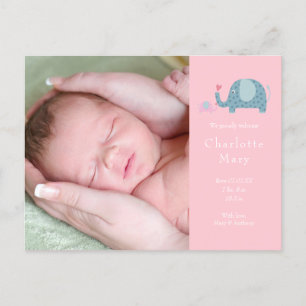 Carte Postale Faire-part Fille Photo Éléphants à pois roses Naissance