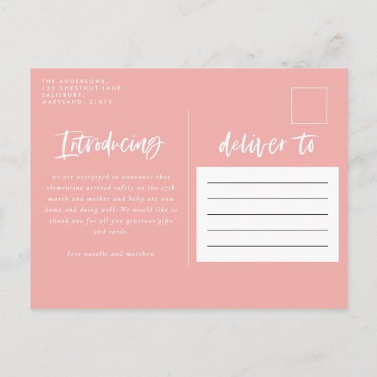 Carte Postale Faire-part Fille rose arc-en-ciel moderne introduisant photo  (Dos)