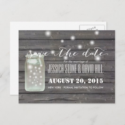 Carte Postale Faire-part Fireflies & Mason Jar Wood Enregistrer la date (Devant / Derrière)