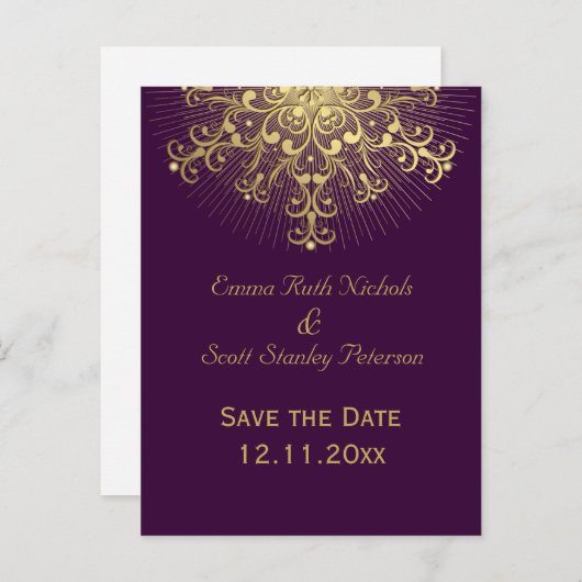 Carte Postale Faire-part Flacon d'or violet mariage d'hiver Enregistrer la  (Devant / Derrière)