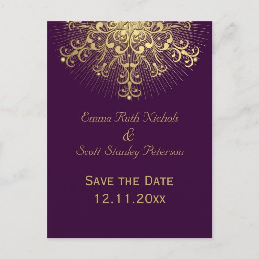 Carte Postale Faire-part Flacon d'or violet mariage d'hiver Enregistrer la  (Devant)