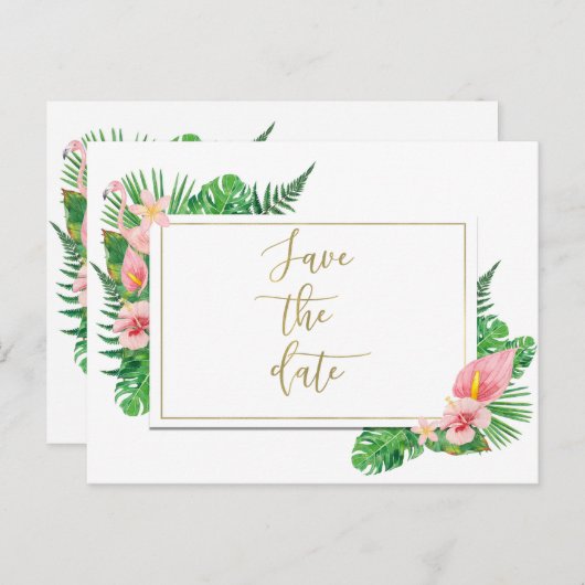 Carte Postale Faire-part Flamant de Paradis Tropical Sauvegarder la Date (Devant / Derrière)