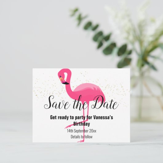Carte Postale Faire-part FLAMANT ROSE BRILLANT Enregistrez la date blanche (Debout devant)