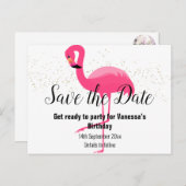 Carte Postale Faire-part FLAMANT ROSE ROSE CLAIR Enregistrer la date blanch (Devant / Derrière)