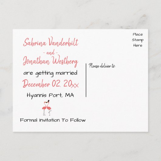 Carte Postale Faire-part Flamant rose rose Enregistrer La Date Fiançailles  (Dos)